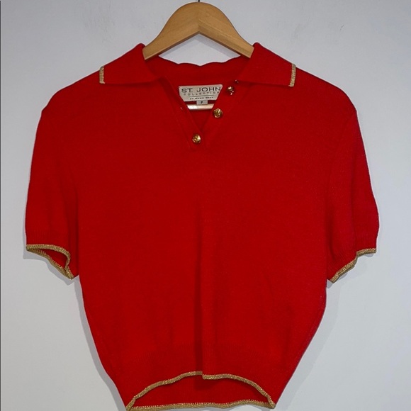 St. John by Marie Gray vibrant Deep Coral and gold trim Knit Top Size P - Picture 1 of 8
